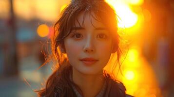 ai generiert glücklich asiatisch Frau genießen Natur Sonnenuntergang. foto