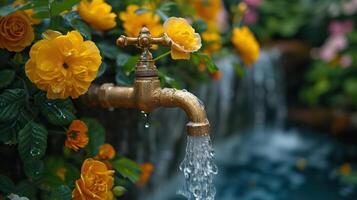 ai generiert Garten Wasserhahn erhöht sich Wasser Preise, hilft das Welt, spart Wasser. foto