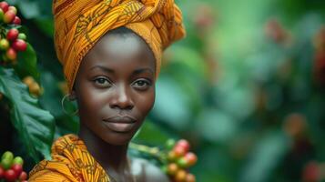 ai generiert afrikanisch jung Frau Sammeln Kaffee Kirschen, Osten Afrika foto