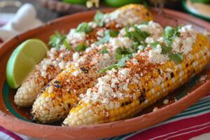 ai generiert Eloten, gegrillt Mexikaner Straße Mais auf das Cob mit cotija Käse, Chili Pulver, Mayonnaise foto