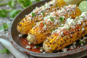 ai generiert Eloten, gegrillt Mexikaner Straße Mais auf das Cob mit cotija Käse, Chili Pulver, Mayonnaise foto