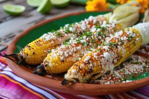 ai generiert Eloten, gegrillt Mexikaner Straße Mais auf das Cob mit cotija Käse, Chili Pulver, Mayonnaise foto