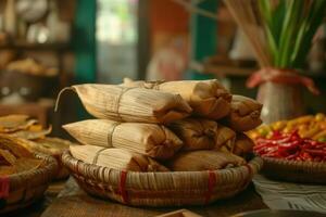 ai generiert prähispanisch Mexikaner Gericht Tamales. Mais Teig eingewickelt im Mais Blätter foto