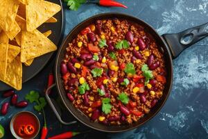 ai generiert Mexikaner heiß Chili con Fleisch, Bohnen, gehackt Fleisch und Gemüse Eintopf im Tomate Soße foto