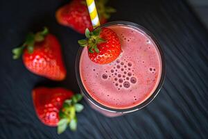 ai generiert Erdbeere Smoothie gesund appetitlich Dessert im Brille frisch vegan trinken . Kopieren Raum foto