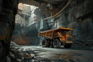 ai generiert groß Steinbruch Dump LKW im Mine, Steinbruch. Wird geladen und Transport Mineralien foto