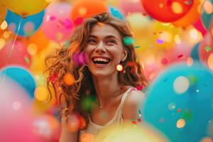 ai generiert Frau Lachen, umgeben durch beschwingt Luftballons und Konfetti, April Dummköpfe Tag, Geburtstag, Urlaub foto