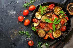 ai generiert traditionell Französisch Ratatouille mit Tomaten, Aubergine und Zucchini, oben Sicht, Kopieren Raum foto