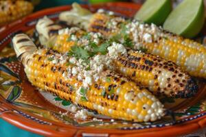 ai generiert Eloten, gegrillt Mexikaner Straße Mais auf das Cob mit cotija Käse, Chili Pulver, Mayonnaise foto