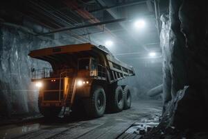 ai generiert groß Steinbruch Dump LKW im Mine, Steinbruch. Wird geladen und Transport Mineralien foto