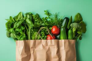 ai generiert Gemüse, Kräuter, Kopfsalat, organisch produzieren Öko Verpackung, recycelbar Öko Tasche, nachhaltig Einkaufen foto