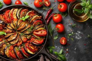 ai generiert traditionell Französisch Ratatouille mit Tomaten, Aubergine und Zucchini, oben Sicht, Kopieren Raum foto