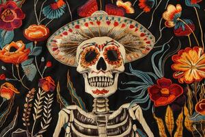 ai generiert Mexikaner Stickerei mit Zucker Schädel und Blumen foto