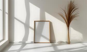 ai generiert minimalistisch Zimmer mit ein leeren rahmen, Gelassenheit im Einfachheit. foto
