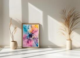 ai generiert das Zimmer dekoriert im ein minimalistisch Stil mit Bild Frames und Gemälde ist atemberaubend. foto