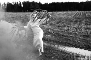 heiter jung Frau mit Schilf Tänze im farbig Rauch im ein Feld foto