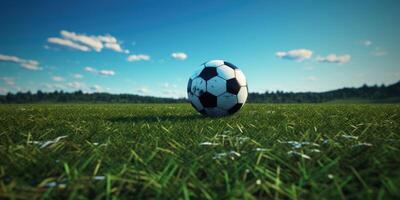 ai generiert grasig Fußball Feld mit Fußball Ball. Gras Feld zum Fußball oder Fußball. generativ ai foto