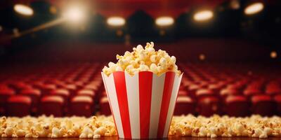 ai generiert Popcorn im rot und Weiß gestreift Karton Eimer auf Kino verwischen Hintergrund. Vorderseite Sicht. generativ ai foto