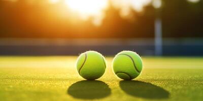 ai generiert Nahansicht von Tennis Ball auf Tennis Gericht. draussen Sommer- Spiel auf Sonnenuntergang. aktiv Lebensstil Konzept mit Kopieren Raum foto