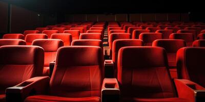 ai generiert luxuriös rot Film Theater Sitze im ein schwach zündete leeren Kino. Samt Theater Sitze im Reihen. generativ ai foto
