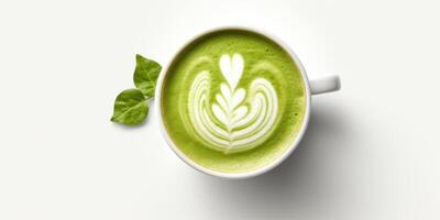 ai generiert Matcha Latté im Weiß Tasse und zwei Blätter Nächster zu Es. japanisch Grün Tee mit Latté Kunst. natürlich Antioxidans, frisch trinken mit heiß Milch. oben Aussicht mit Kopieren Raum. foto