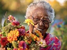 ai generiert ein glücklich Alten afrikanisch amerikanisch Frau mit ein Strauß von Blumen, Mutters Tag foto