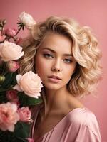 ai generiert ein jung blond Frau mit ein Frisur von Frühling Blumen im ihr Haar auf ein Rosa solide Hintergrund. feminin Schönheit Porträt, bilden, Frisur, Stylist, feminin Energie. ai generiert foto