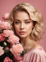 ai generiert ein jung blond Frau mit ein Frisur von Frühling Blumen im ihr Haar auf ein Rosa solide Hintergrund. feminin Schönheit Porträt, bilden, Frisur, Stylist, feminin Energie. ai generiert foto