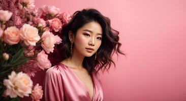 ai generiert jung Brünette asiatisch Frau mit Frisur von Frühling Blumen im ihr Haar auf ein Rosa solide Hintergrund mit Kopieren Raum. feminin Schönheit Porträt, bilden, Frisur, Stylist, feminin Energie. foto