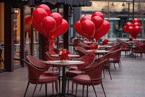 ai generiert das Tabellen im das Cafe sind dekoriert mit rot Luftballons im das gestalten von ein Herz zum Valentinstag Tag. ai generiert foto