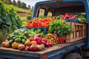 ai generiert alt LKW mit ein Herbst Ernte von Gemüse und Kräuter auf ein Plantage - - ein Ernte Festival, ein Straßenrand Markt Verkauf natürlich umweltfreundlich Bauernhof Produkte. ai generiert foto