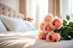 ai generiert ein Strauß von Tee Rosen Lügen auf ein Weiß Bett im ein hell Schlafzimmer. ein Geschenk zum Ihre geliebte, Valentinstag Tag, Geburtstag, Datum. Kopieren Raum. ai generiert foto