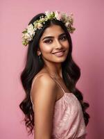 ai generiert ein jung Brünette indisch Frau mit ein Frisur von Frühling Blumen im ihr Haar auf ein solide Hintergrund. feminin Schönheit Porträt, bilden, Frisur, Stylist, feminin Energie foto