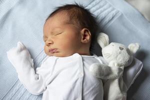 Neugeborene Baby mit ein Sanft Spielzeug Hase auf ein Weiß Hintergrund. foto