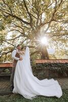 das Braut und Bräutigam umarmen. das Braut sanft Umarmungen das Bräutigam durch das Schultern. schön Hochzeit Paar. das Konzept von Romantik im ein Jungvermählten Beziehung. Flitterwochen. foto