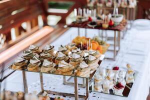 Fleisch und Käse Snacks auf das Buffet Tisch. Open-Air Buffet Tisch, Sandwiches auf Spieße Vor das Start von das Urlaub. foto