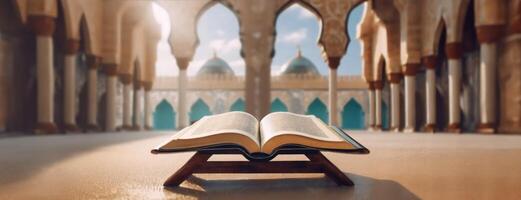 ai generiert heilig Buch geöffnet im ein still religiös Moschee. heilig Koran ruht auf ein Stand. verschwommen Heiligtum die Architektur. Ramadan Fest oder eid al-fitr, Haupt Urlaub im das islamisch Welt. Panorama. foto