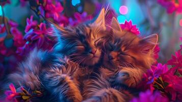 ai generiert zwei flauschige Kätzchen Schlaf friedlich auf bunt Blumen. foto