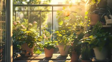 ai generiert viele schön Grün Pflanzen auf das Balkon. foto