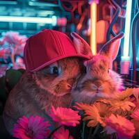 ai generiert zwei Kaninchen tragen bunt Hüte umarmen jeder andere im ein Feld von Blumen. foto