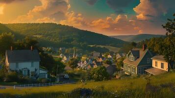 ai generiert ein schön Stadt, Dorf mit rollen Hügel und Grün beim Sonnenuntergang. foto