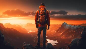 ai generiert Wanderer tragen ein Orange Jacke steht auf ein Cliff Aufpassen das Sonnenuntergang. foto