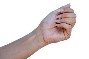Hände von ein Frau mit lange Nägel ohne Farbe oder Ausbesserungen. foto