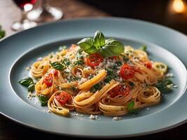 ai generiert köstlich italienischer Stil Pasta Geschirr mit Spaghetti auf ein Teller garniert mit Basilikum und Käse foto