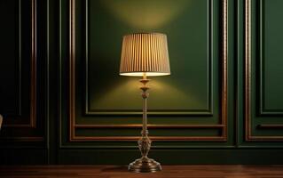 ai generiert ein Lampe und ein Stuhl im ein Zimmer mit ein Lampe auf das Mauer foto