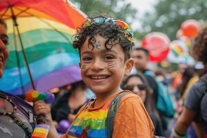 ai generiert ein Kinder ansteckend Lächeln erhellt das Szene beim ein Stolz Parade, seine Gesicht geschmückt mit Regenbogen Aufkleber und Stolz Farben unter ein beschwingt Regenschirm. generativ ai. foto