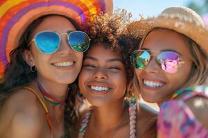 ai generiert drei freunde Erfassung ein sonnig Selfie Moment, Sport reflektierend Sonnenbrille und beschwingt Kopfbedeckungen beim ein Stolz Feier. generativ ai. foto