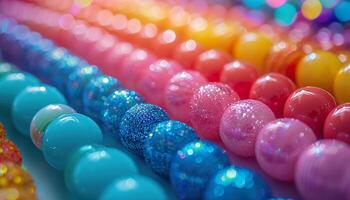 ai generiert Nahansicht von Regenbogen-Thema Perlen, jeder mit einzigartig Texturen und Farben. generativ ai. foto