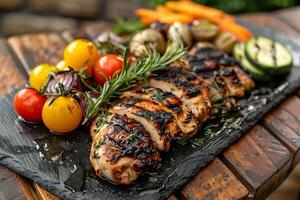 ai generiert ein saftig, mit Kräutern angereichert gegrillt Hähnchen Brust umgeben durch ein Sortiment von geröstet Erbstück Tomaten und Gemüse. generativ ai. foto