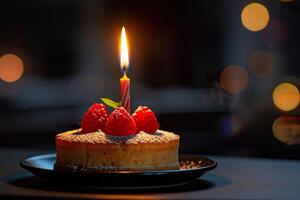 ai generiert ein Geburtstag Torte gekrönt mit frisch Himbeeren und ein Single glühend Kerze mit festlich Bokeh Beleuchtung Hintergrund. generativ ai. foto